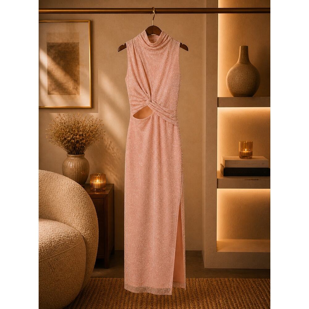 Baobab Mariah XL Copper Metallic Knit Cutout Twist Front Formal Gown Slit Luxe
